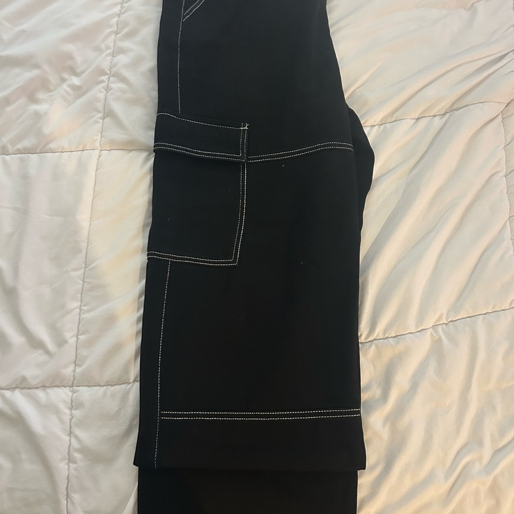 Black Wide-Leg Pants with Contrast Stitching